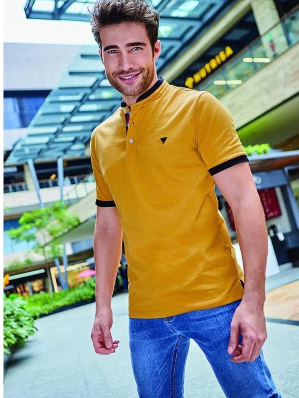 Fried Denim Mens cotton blend Short Sleeve Polo Shirt in mustard size small